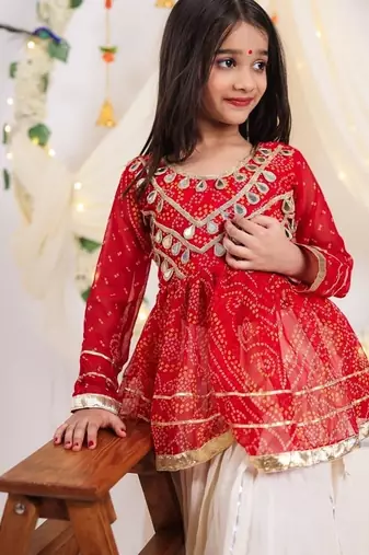 off-white kora cotton kids lehenga with red choli