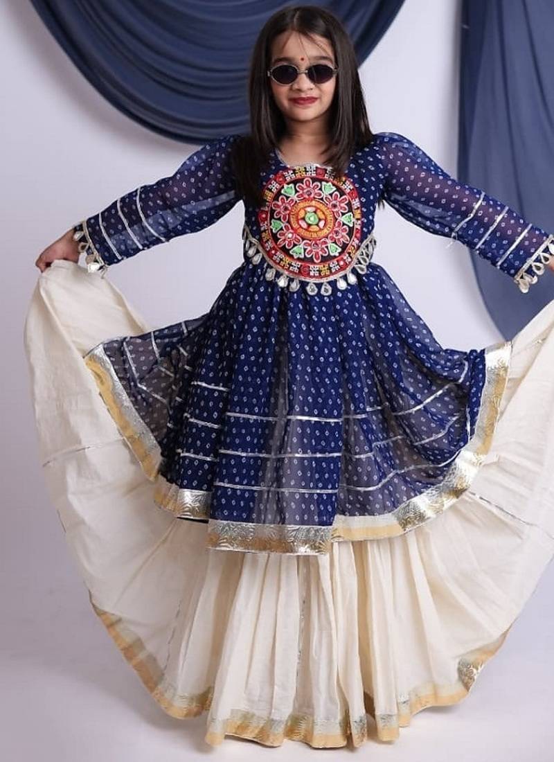 Offwhite kora cotton lehenga with embrodery work choli kids navratri collection