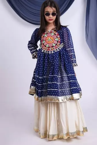 off-white kora cotton kids lehenga with blue choli