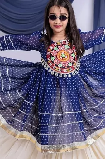 off-white kora cotton kids lehenga with blue choli