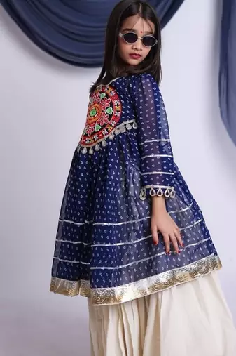 off-white kora cotton kids lehenga with blue choli