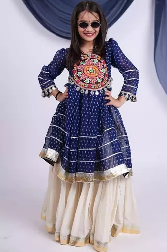 off-white kora cotton kids lehenga with blue choli