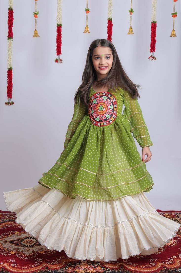 Offwhite kora cotton lehenga with embrodery work choli kids navratri collection