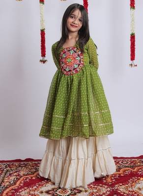 Offwhite kora cotton lehenga with embrodery work choli kids navratri collection 2
