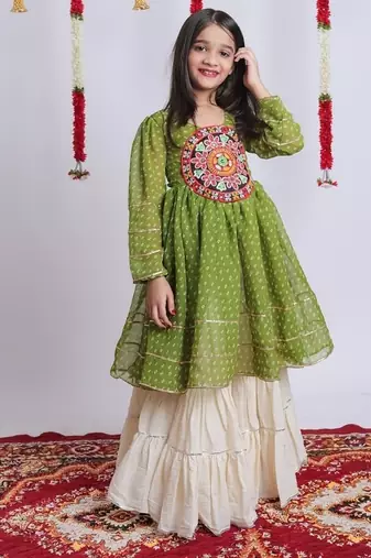 off-white kora cotton girls lehenga with bandhani embroidered choli