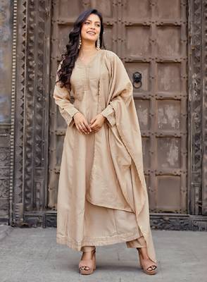 Beige embroidered vichitra silk kurti with pant and duppata set 1