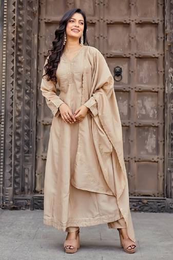 Beige embroidered vichitra silk kurti with pant and duppata set