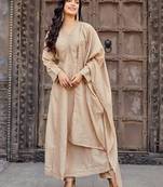 Beige embroidered vichitra silk kurti with pant and duppata set