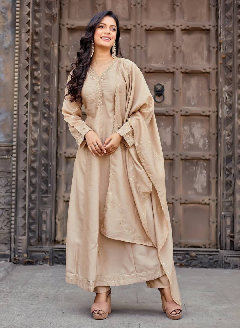 Beige embroidered vichitra silk kurti with pant and duppata set