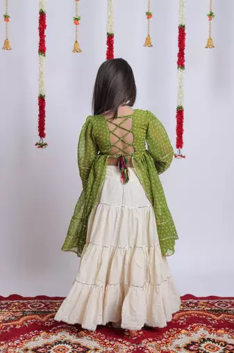 off-white kora cotton girls lehenga with bandhani embroidered choli