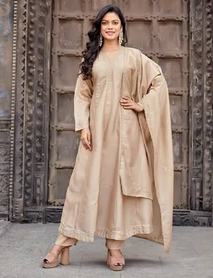 Beige embroidered vichitra silk kurti with pant and duppata set 2