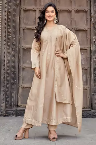 Beige embroidered vichitra silk kurti with pant and duppata set