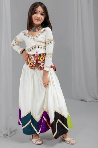 White rayon cotton embrodery work lehenga choli kids navratri collection