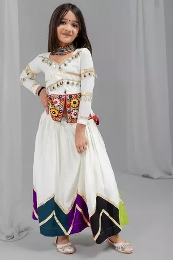 White rayon cotton embrodery work lehenga choli kids navratri collection