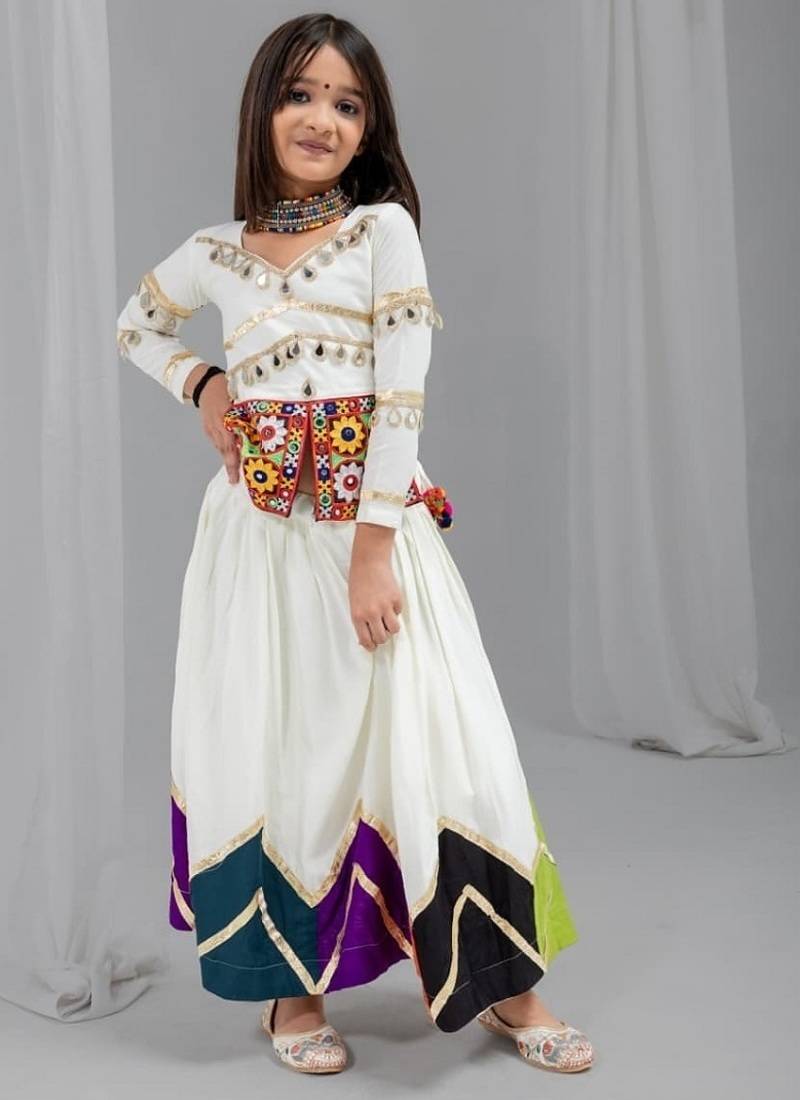 White rayon cotton embrodery work lehenga choli kids navratri collection