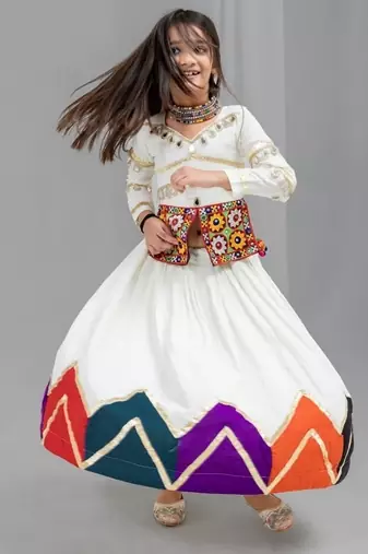 White rayon cotton embrodery work lehenga choli kids navratri collection