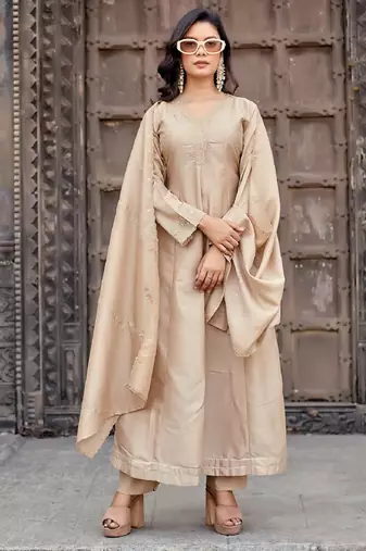 Beige embroidered vichitra silk kurti with pant and duppata set