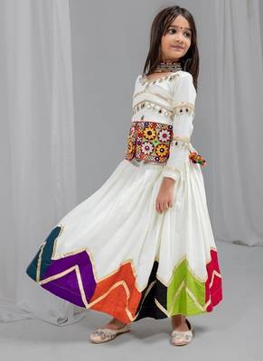 White rayon cotton embrodery work lehenga choli kids navratri collection 3