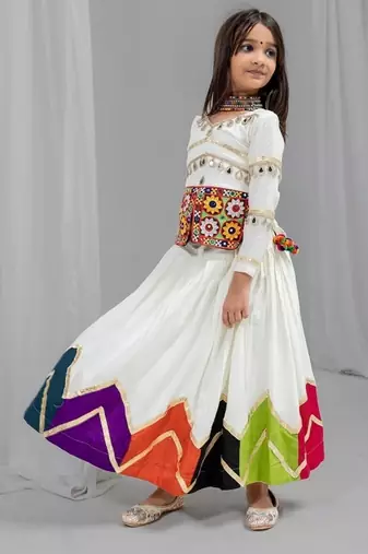 White rayon cotton embrodery work lehenga choli kids navratri collection