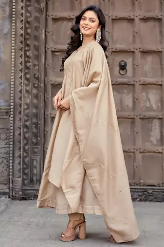 Beige embroidered vichitra silk kurti with pant and duppata set