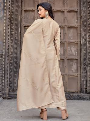 Beige embroidered vichitra silk kurti with pant and duppata set 5