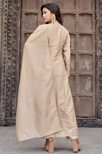 Beige embroidered vichitra silk kurti with pant and duppata set