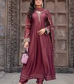 Brown embroidered vichitra silk kurti with pant and duppata set