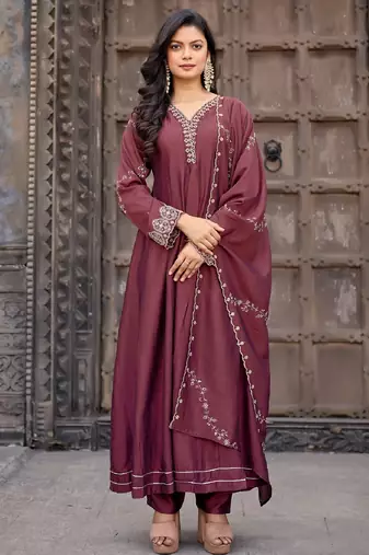 Brown embroidered vichitra silk kurti with pant and duppata set