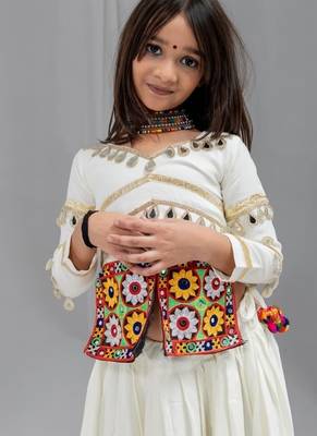 White rayon cotton embrodery work lehenga choli kids navratri collection 5