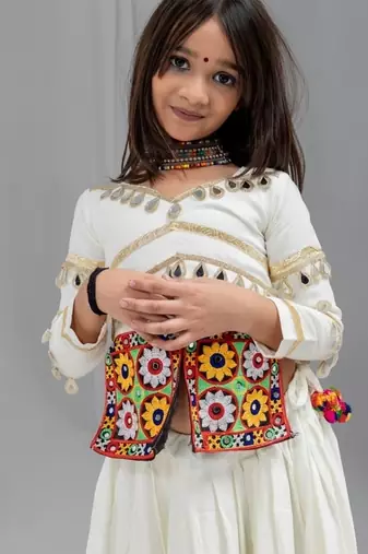White rayon cotton embrodery work lehenga choli kids navratri collection