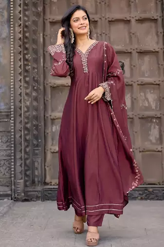 Brown embroidered vichitra silk kurti with pant and duppata set