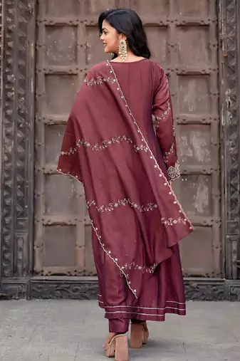 Brown embroidered vichitra silk kurti with pant and duppata set