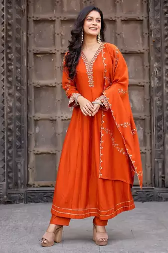Orange embroidered vichitra silk kurti with pant and duppata set