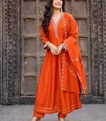 Orange embroidered vichitra silk kurti with pant and duppata set