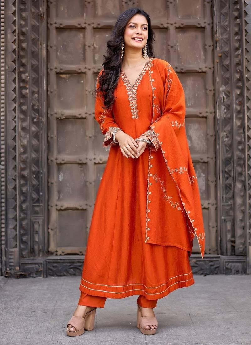 Orange embroidered vichitra silk kurti with pant and duppata set
