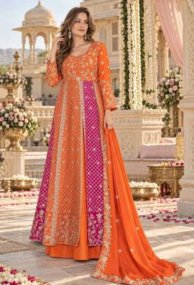 Orange silk BLEND  semi stitched anarkali suit with embroidery & sequins work 1