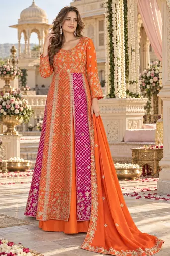 Orange silk BLEND  semi stitched anarkali suit with embroidery & sequins work