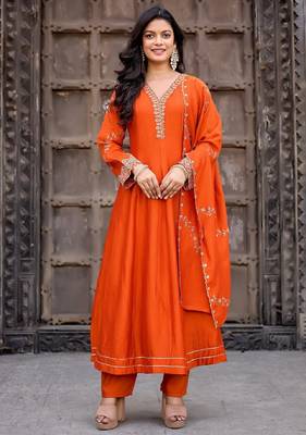 Orange embroidered vichitra silk kurti with pant and duppata set 2