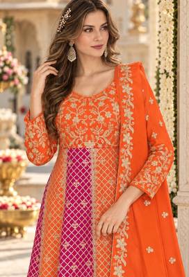 Orange silk BLEND  semi stitched anarkali suit with embroidery & sequins work 2