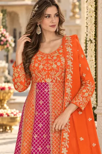 Orange silk BLEND  semi stitched anarkali suit with embroidery & sequins work