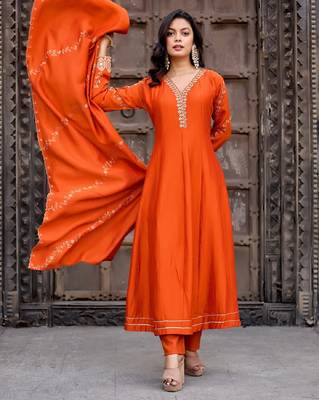 Orange embroidered vichitra silk kurti with pant and duppata set 3