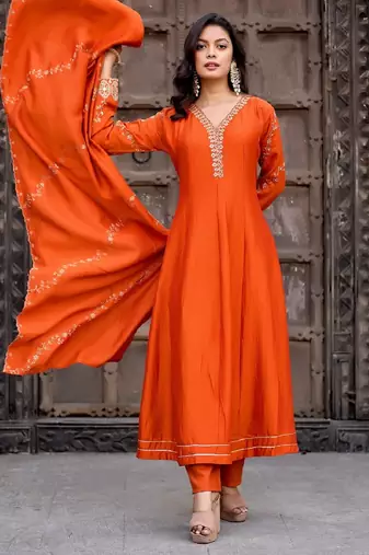 Orange embroidered vichitra silk kurti with pant and duppata set