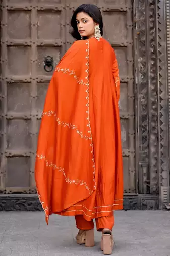 Orange embroidered vichitra silk kurti with pant and duppata set
