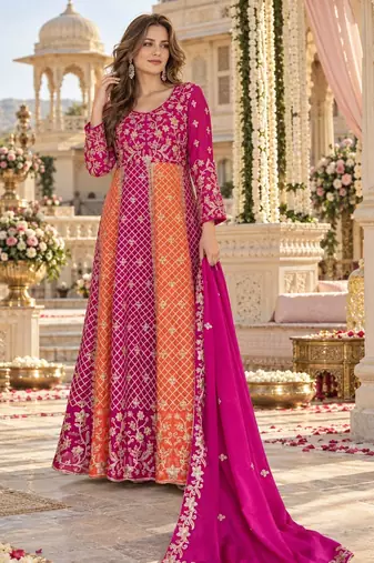 Magenta silk BLEND  semi stitched anarkali suit with embroidery & sequins work