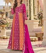 Magenta silk BLEND  semi stitched anarkali suit with embroidery & sequins work