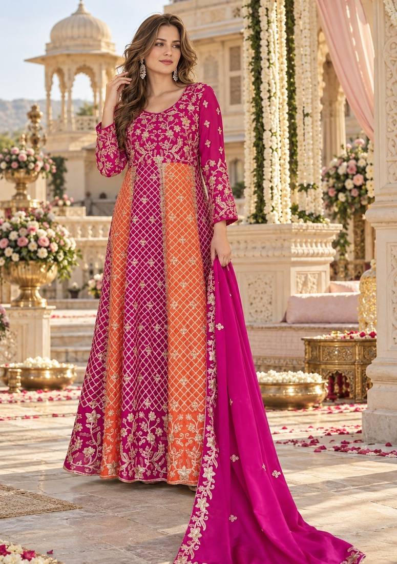 Magenta silk BLEND  semi stitched anarkali suit with embroidery & sequins work