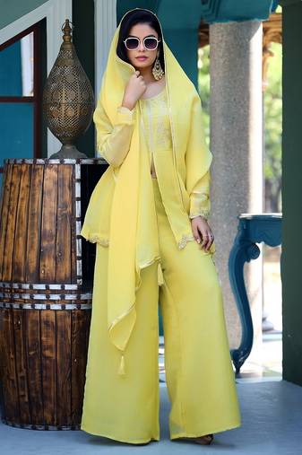 Light-yellow embroidered crunchy silk kurti with plazzo and duppata set