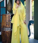 Light-yellow embroidered crunchy silk kurti with plazzo and duppata set