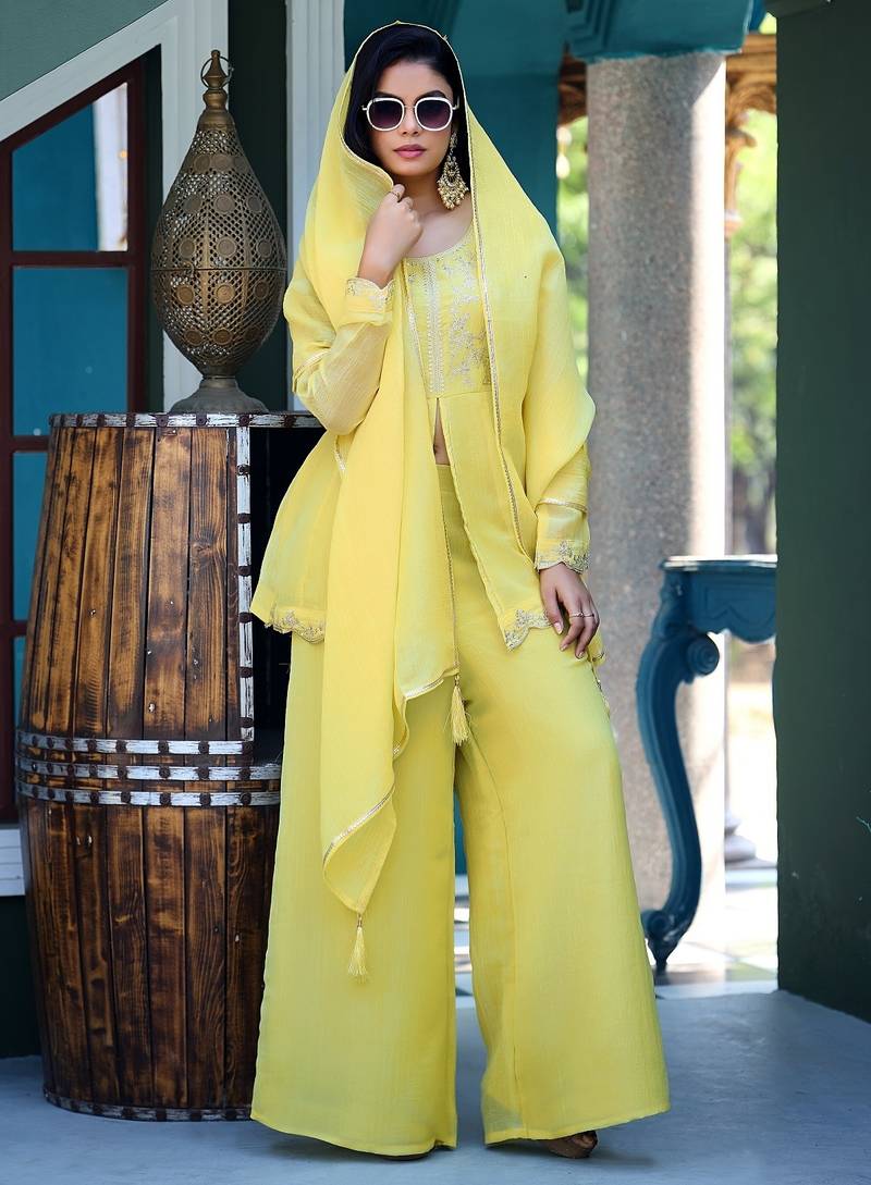Light-yellow embroidered crunchy silk kurti with plazzo and duppata set