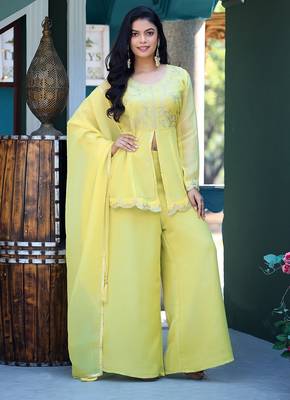 Light-yellow embroidered crunchy silk kurti with plazzo and duppata set 3